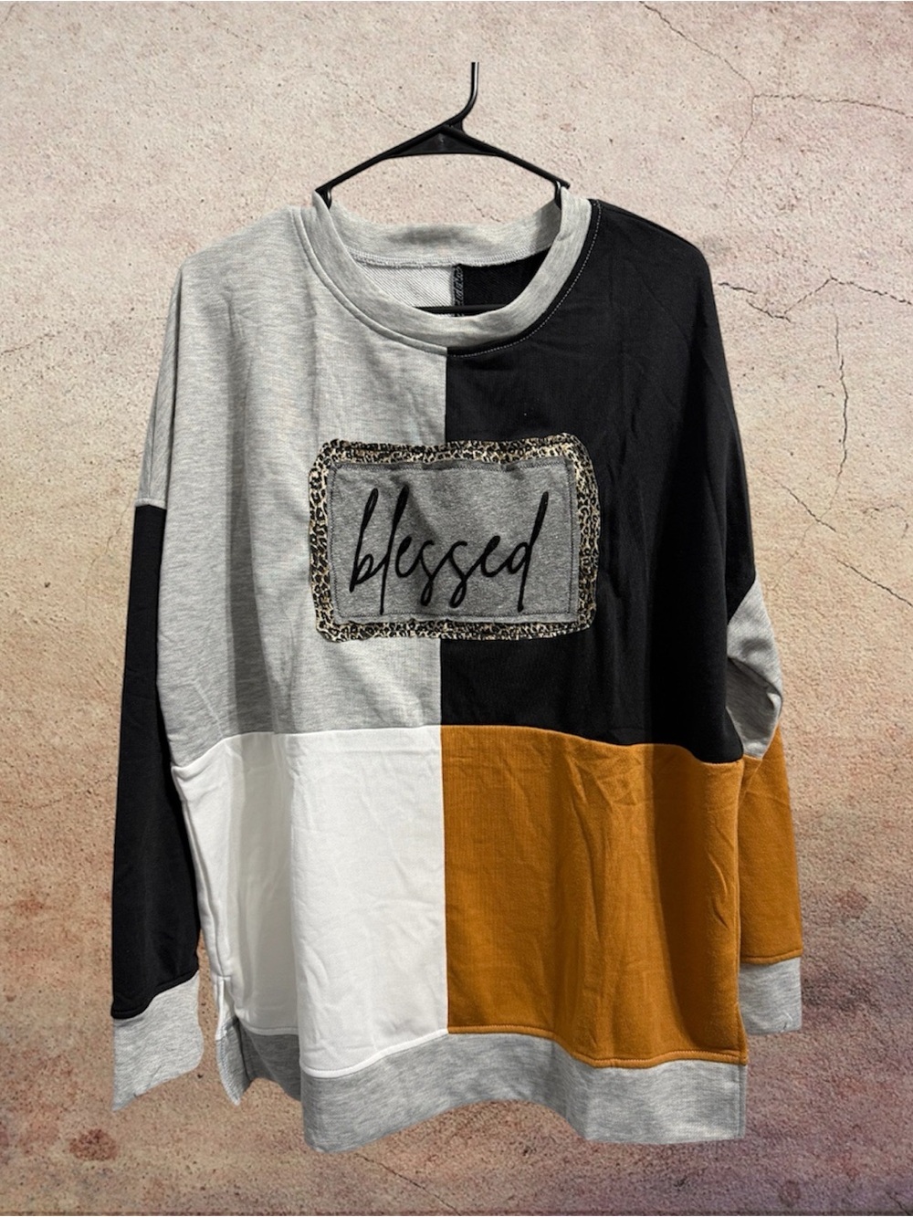 Upcycled Colorblock "Blessed" Sweatshirt - Gray, Black, White & Mustard XL
